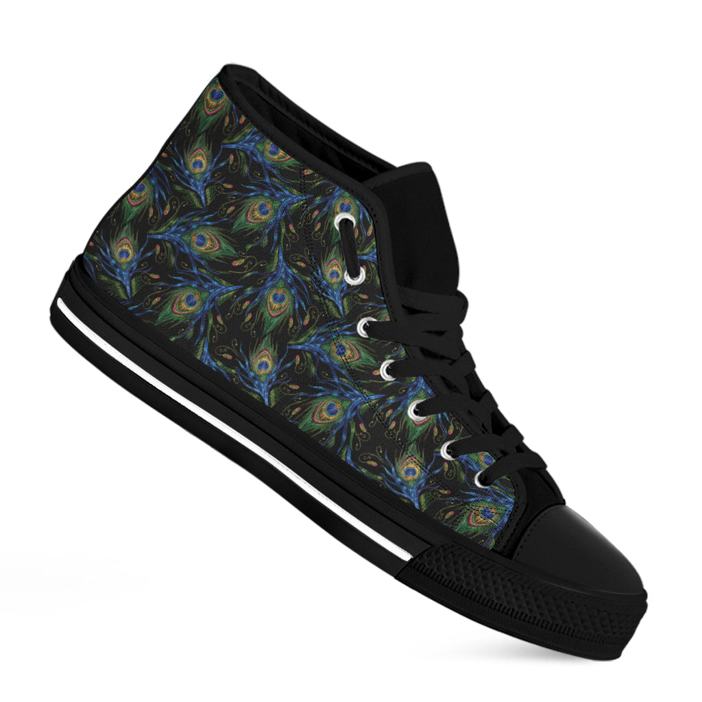 Embroidery Peacock Feather Print Black High Top Shoes