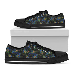 Embroidery Peacock Feather Print Black Low Top Shoes