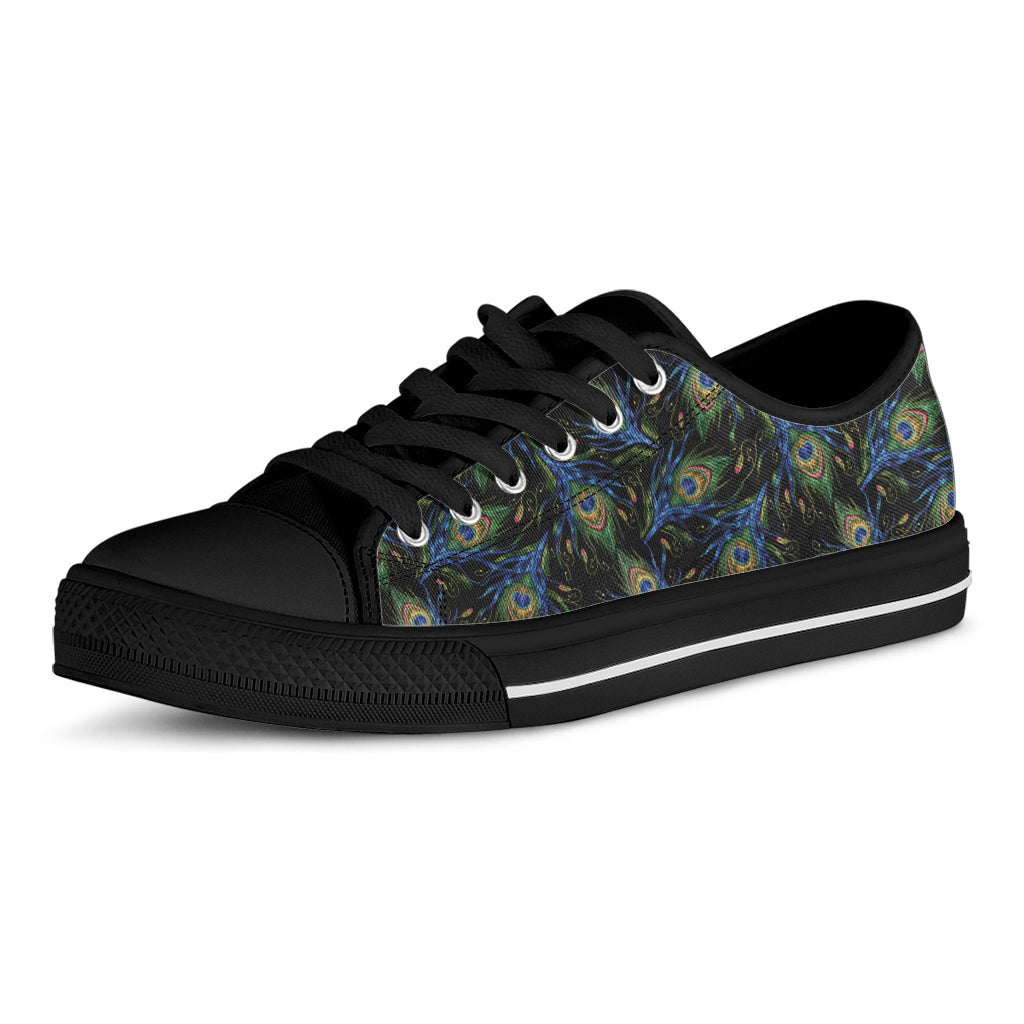 Embroidery Peacock Feather Print Black Low Top Shoes