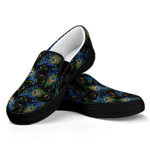 Embroidery Peacock Feather Print Black Slip On Shoes