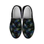 Embroidery Peacock Feather Print Black Slip On Shoes