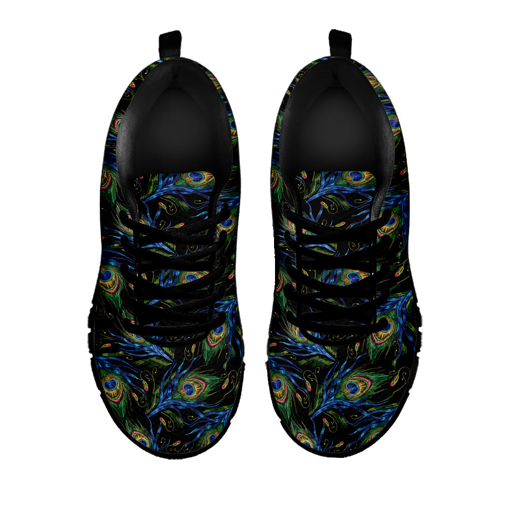 Embroidery Peacock Feather Print Black Sneakers