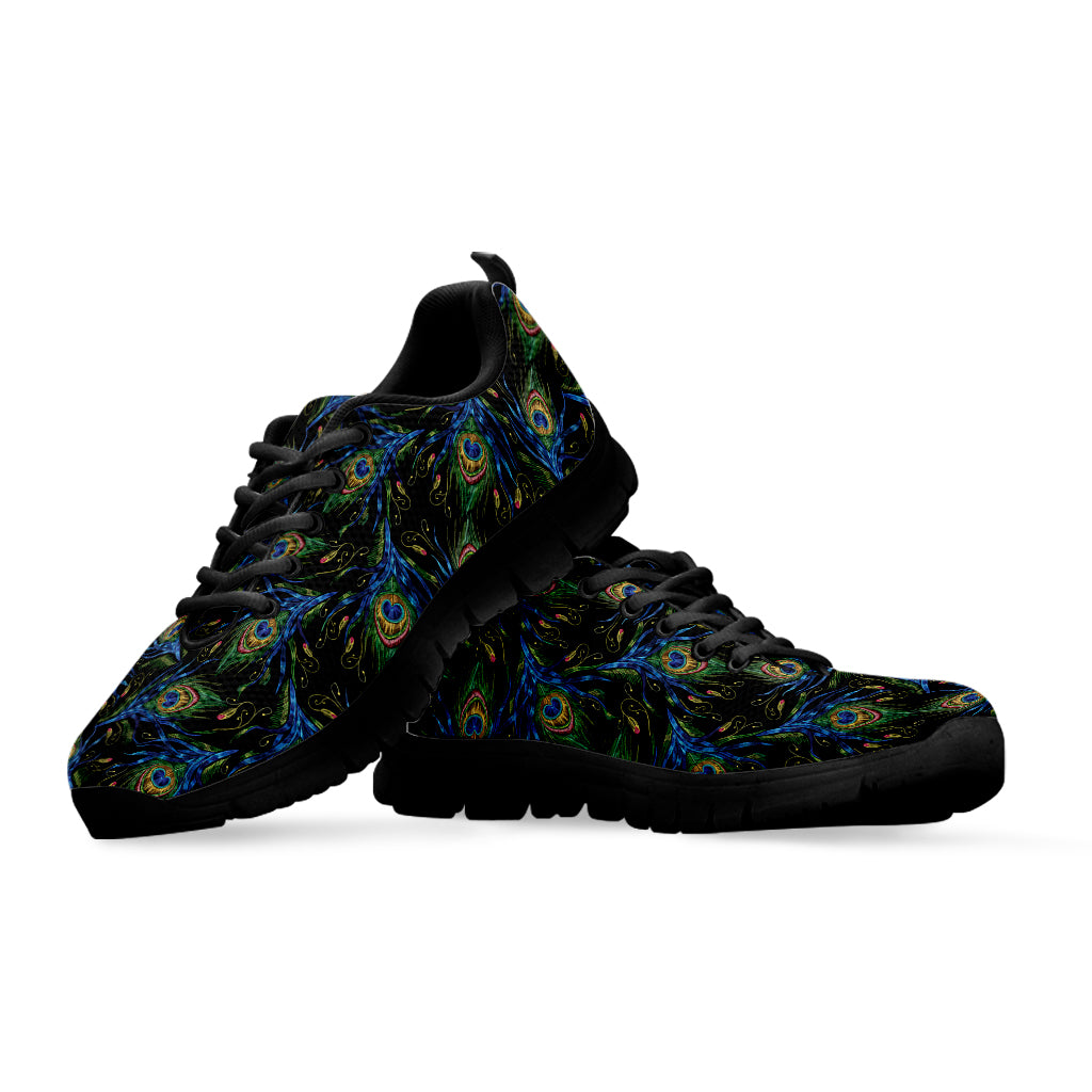 Embroidery Peacock Feather Print Black Sneakers