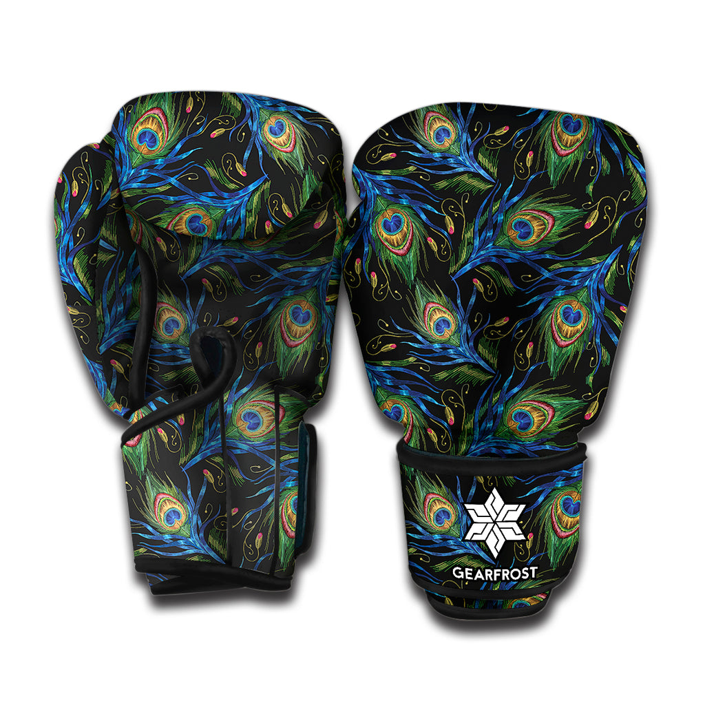 Embroidery Peacock Feather Print Boxing Gloves