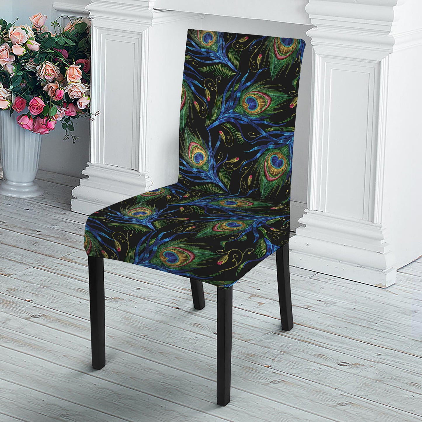 Embroidery Peacock Feather Print Dining Chair Slipcover