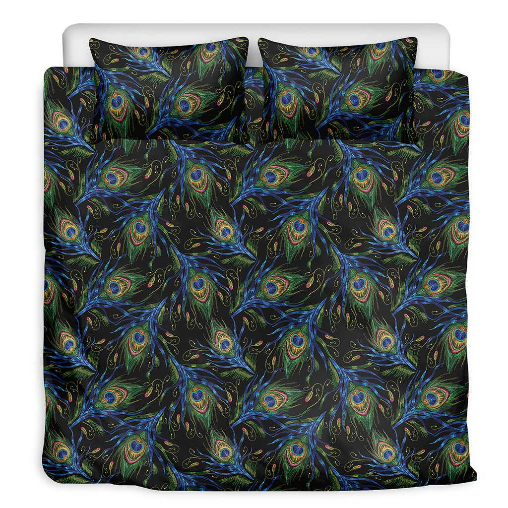 Embroidery Peacock Feather Print Duvet Cover Bedding Set