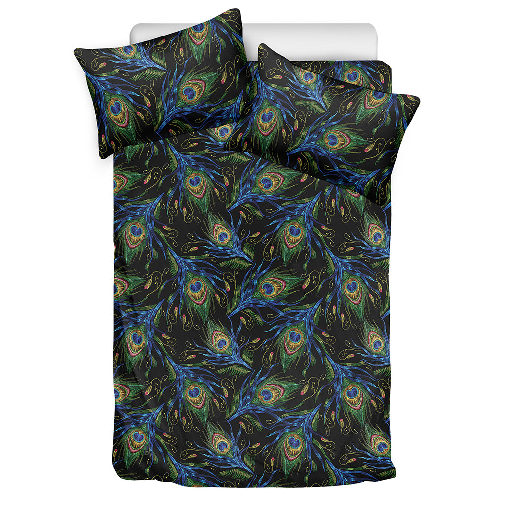 Embroidery Peacock Feather Print Duvet Cover Bedding Set