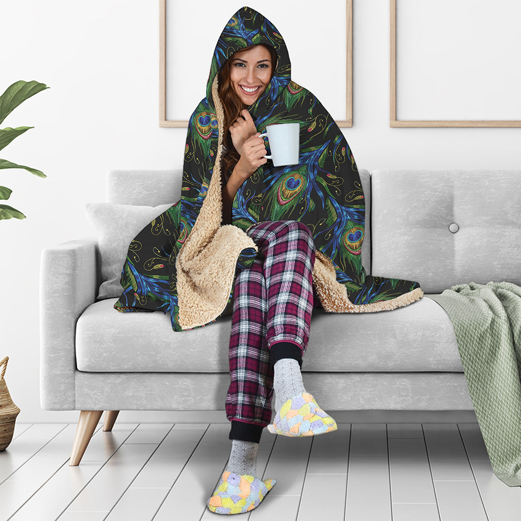 Embroidery Peacock Feather Print Hooded Blanket