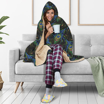 Embroidery Peacock Feather Print Hooded Blanket