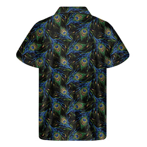 Embroidery Peacock Feather Print Men's Short Sleeve Shirt