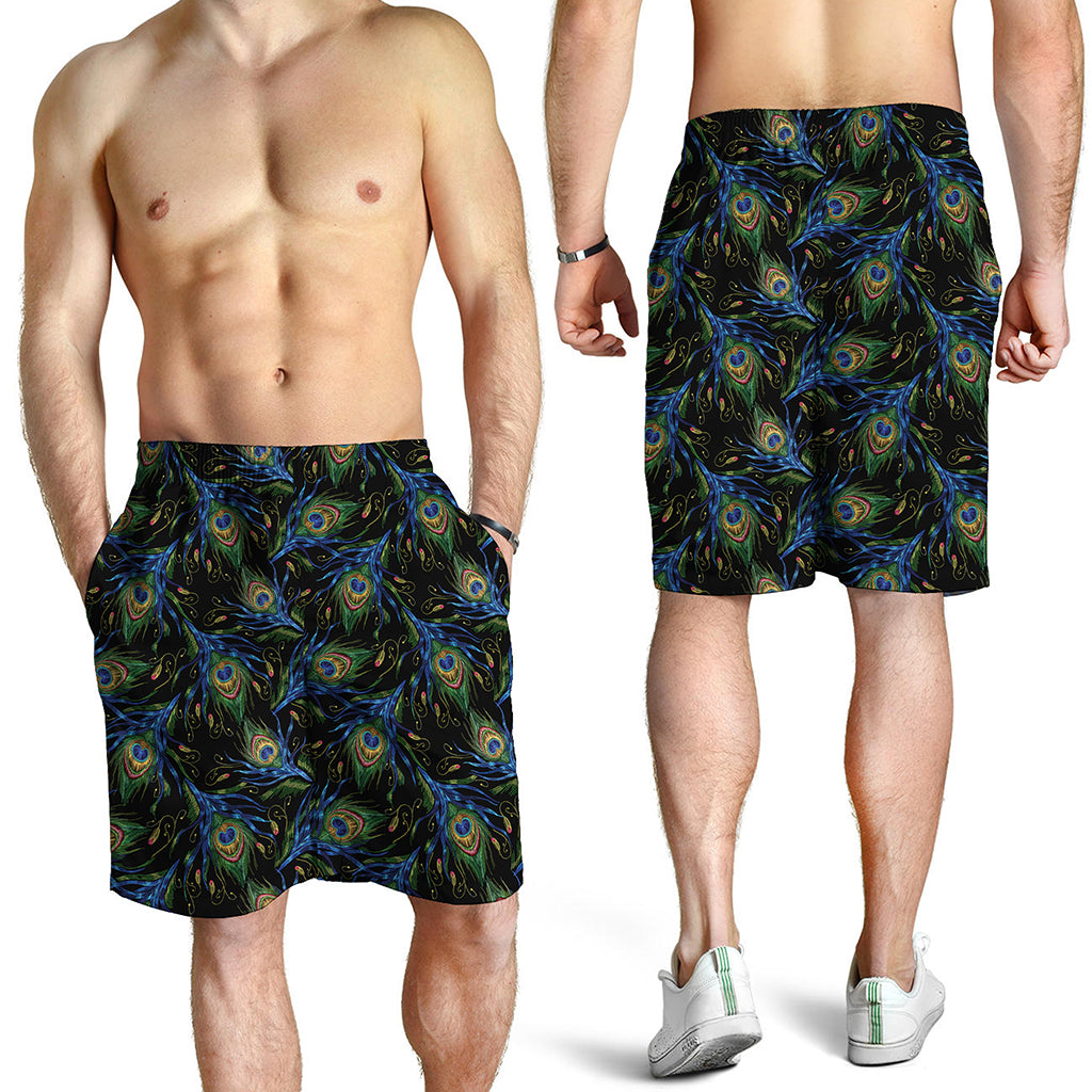 Embroidery Peacock Feather Print Men's Shorts