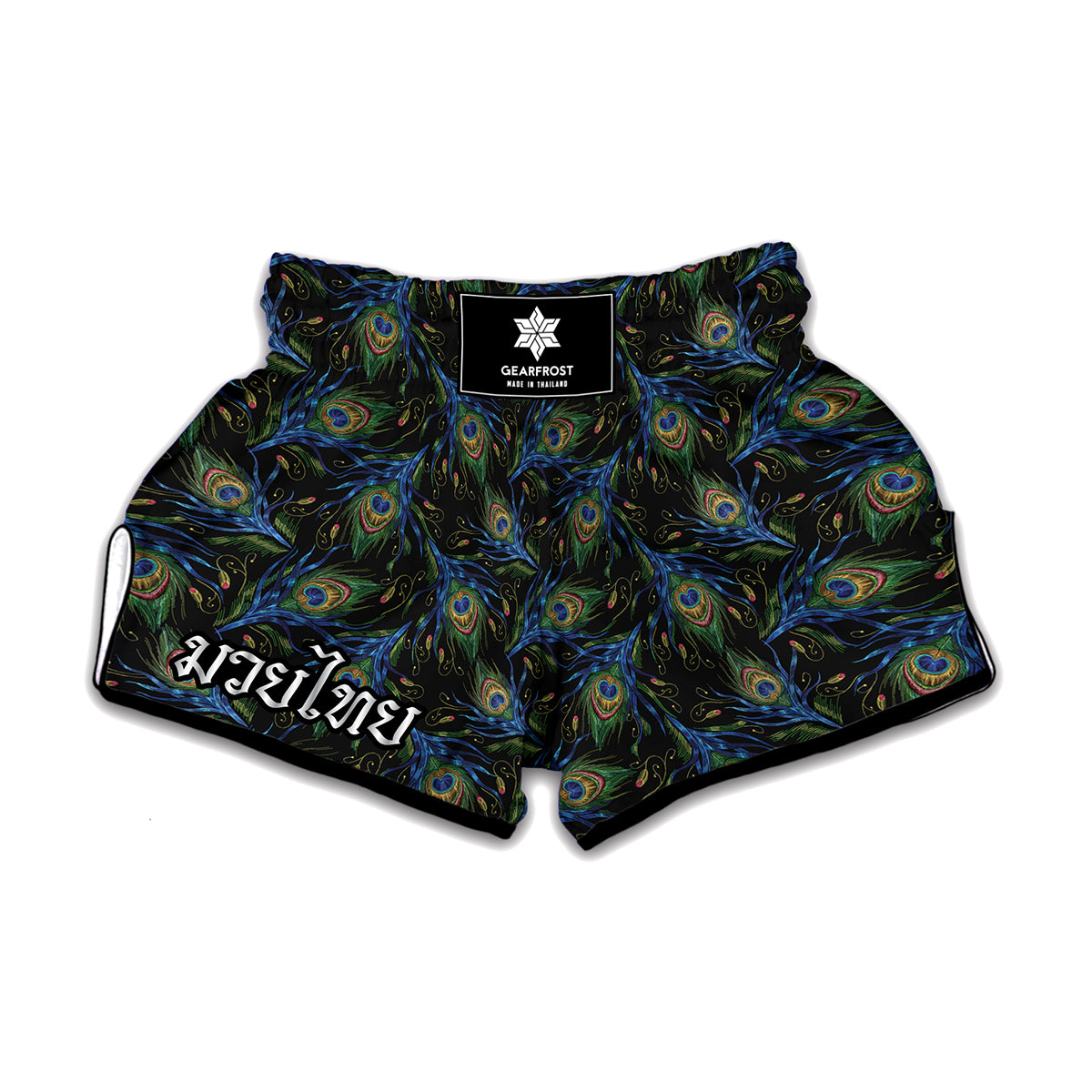 Embroidery Peacock Feather Print Muay Thai Boxing Shorts