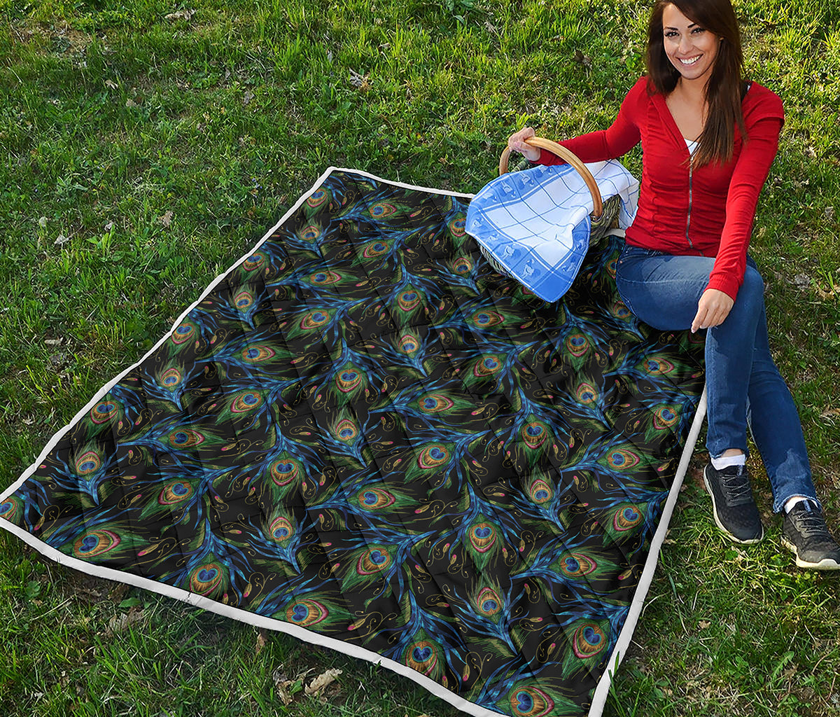 Embroidery Peacock Feather Print Quilt