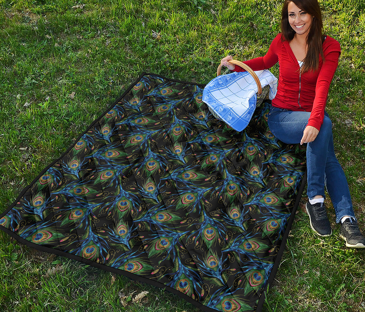 Embroidery Peacock Feather Print Quilt