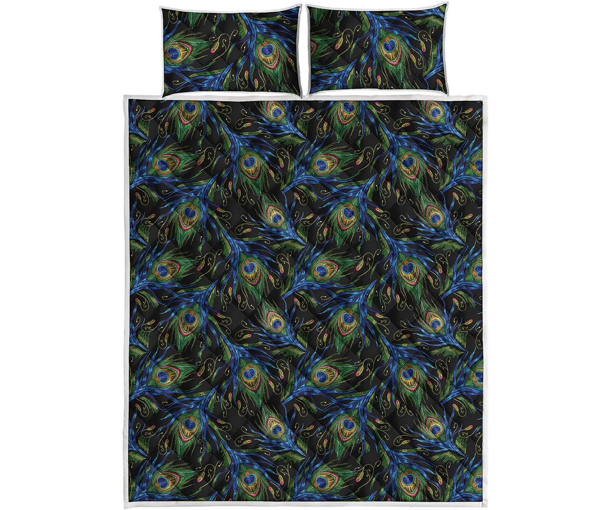 Embroidery Peacock Feather Print Quilt Bed Set