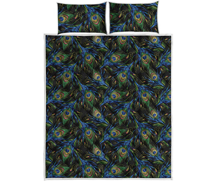 Embroidery Peacock Feather Print Quilt Bed Set