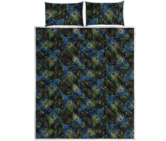 Embroidery Peacock Feather Print Quilt Bed Set