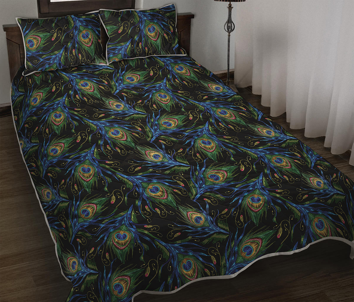 Embroidery Peacock Feather Print Quilt Bed Set