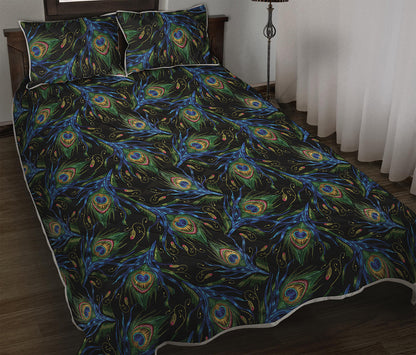 Embroidery Peacock Feather Print Quilt Bed Set