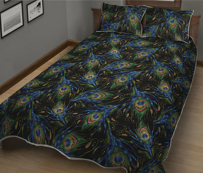 Embroidery Peacock Feather Print Quilt Bed Set