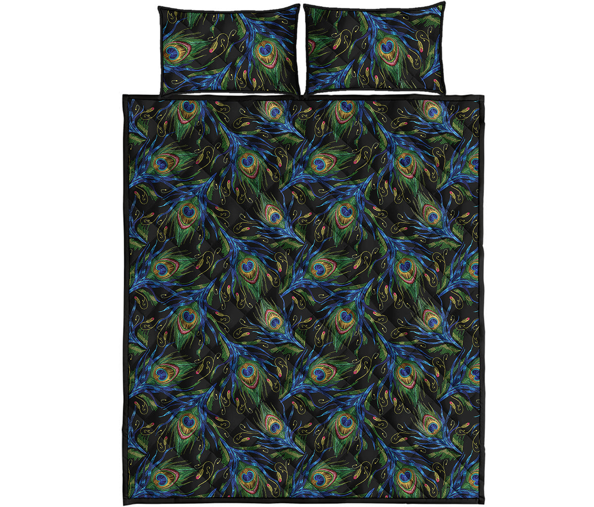 Embroidery Peacock Feather Print Quilt Bed Set