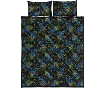Embroidery Peacock Feather Print Quilt Bed Set