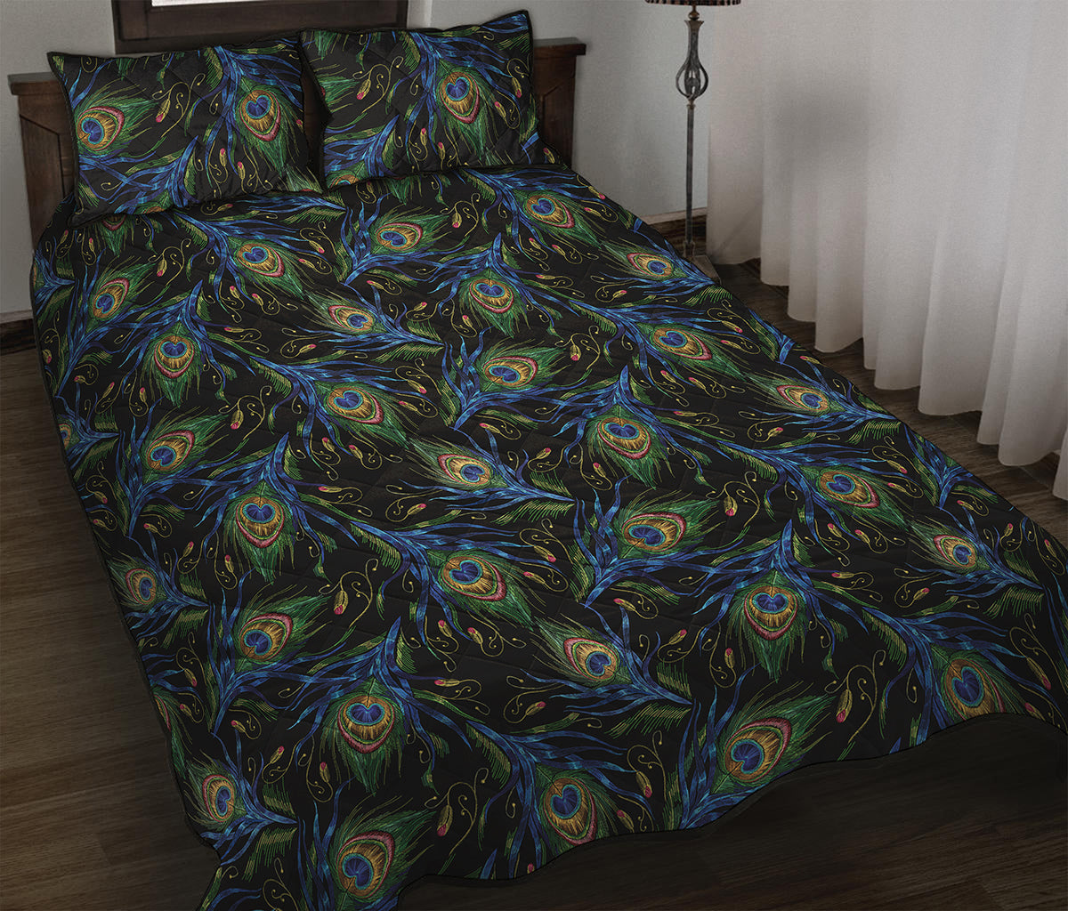 Embroidery Peacock Feather Print Quilt Bed Set