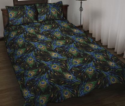 Embroidery Peacock Feather Print Quilt Bed Set