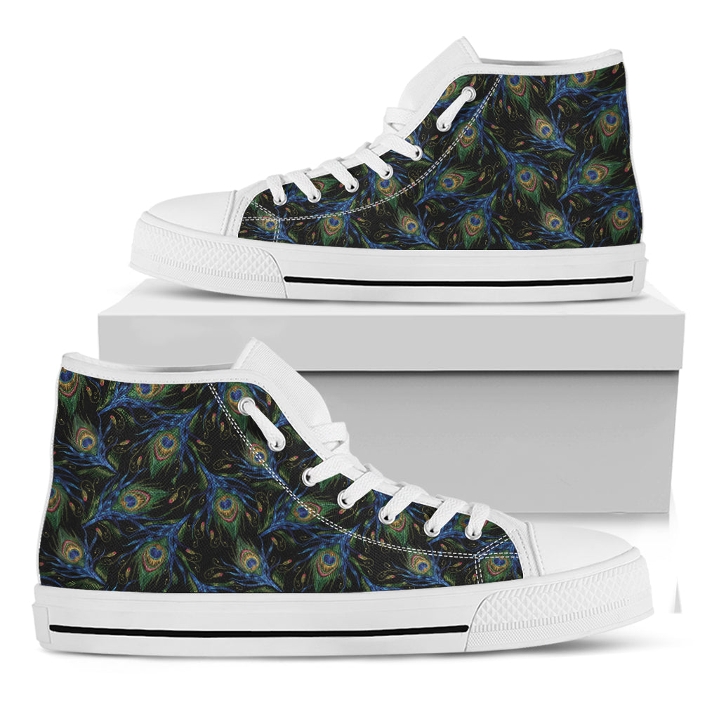 Embroidery Peacock Feather Print White High Top Shoes