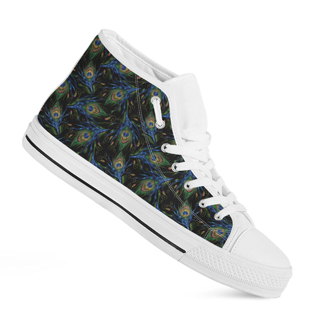 Embroidery Peacock Feather Print White High Top Shoes