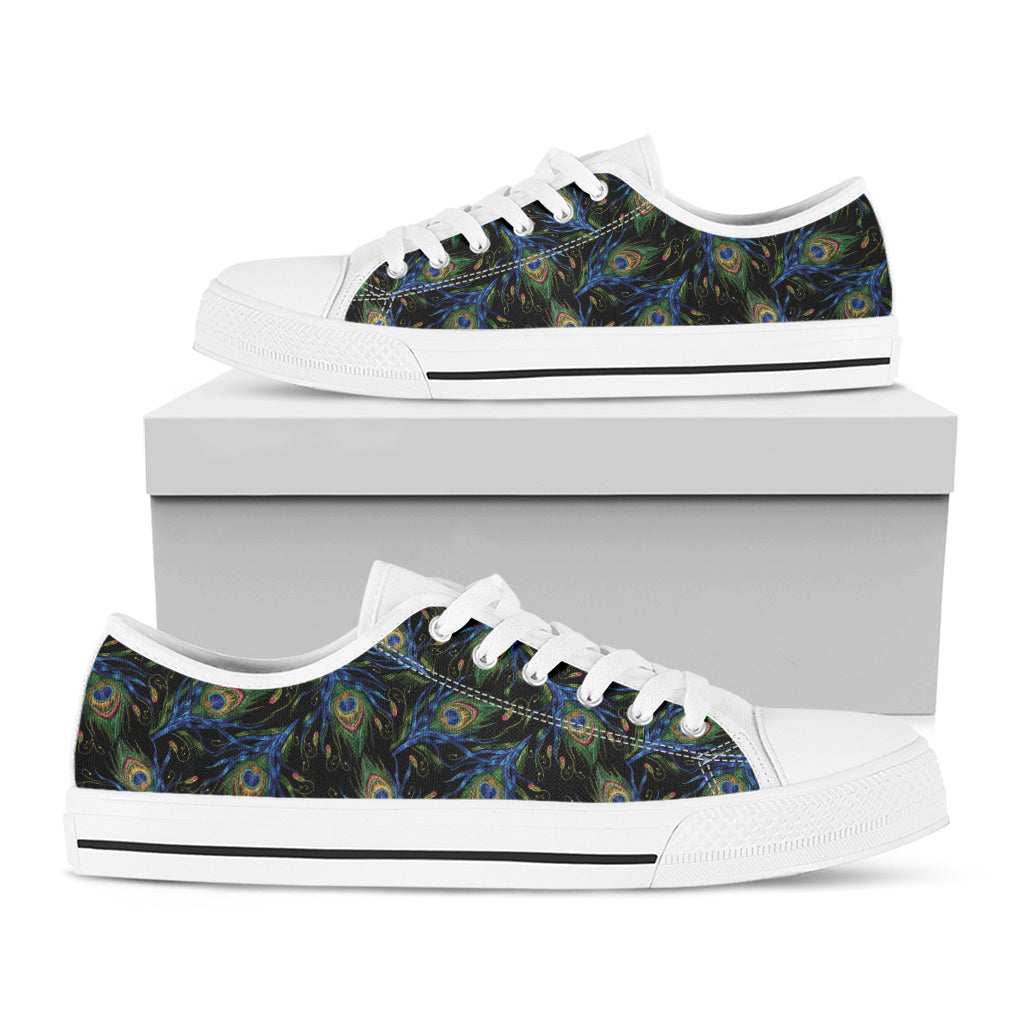 Embroidery Peacock Feather Print White Low Top Shoes