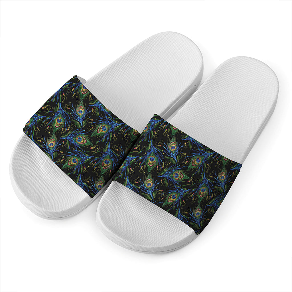 Embroidery Peacock Feather Print White Slide Sandals