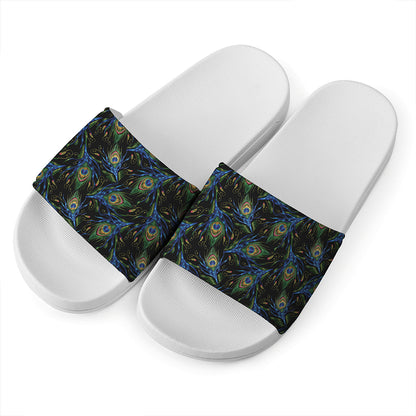Embroidery Peacock Feather Print White Slide Sandals