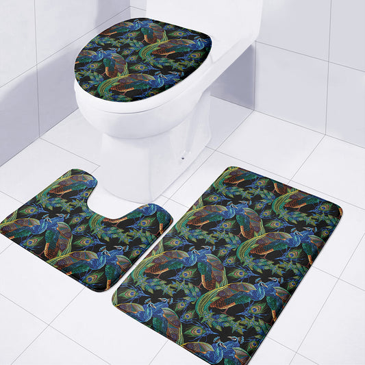 Embroidery Peacock Pattern Print 3 Piece Bath Mat Set