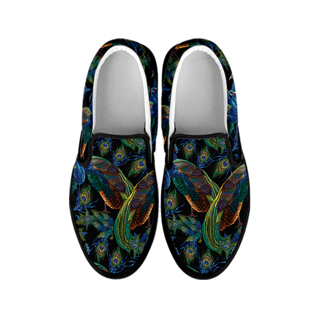 Embroidery Peacock Pattern Print Black Slip On Shoes
