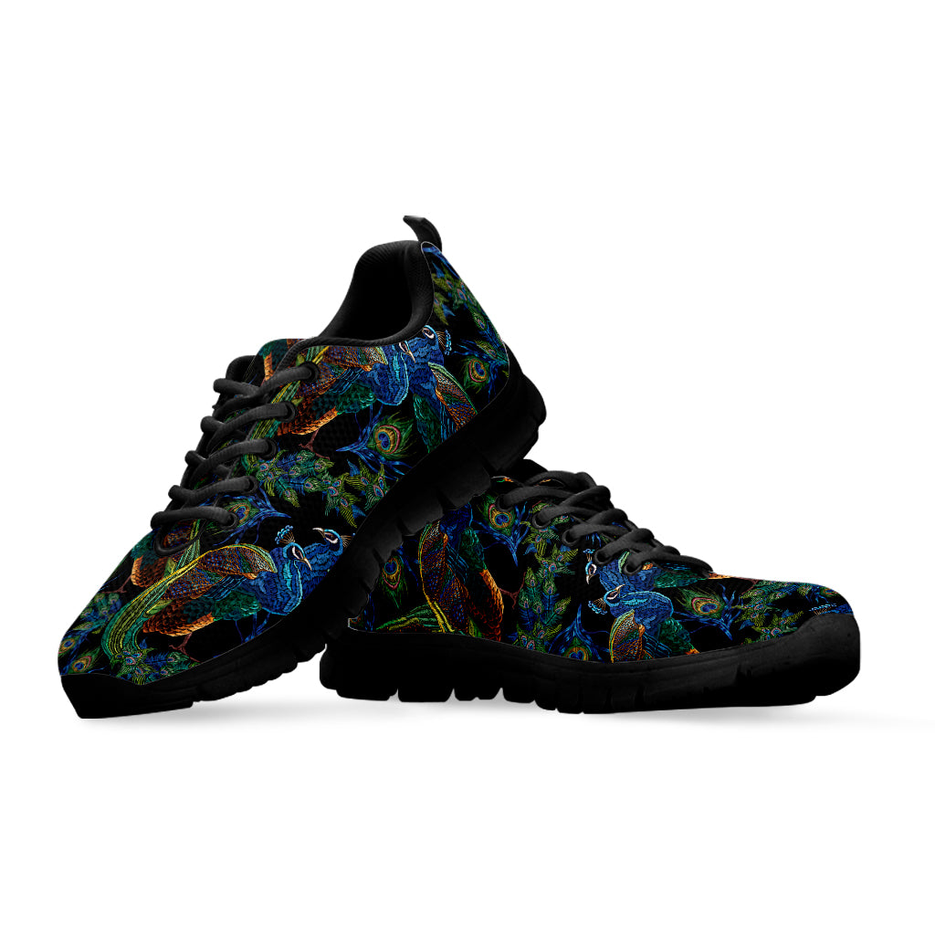 Embroidery Peacock Pattern Print Black Sneakers