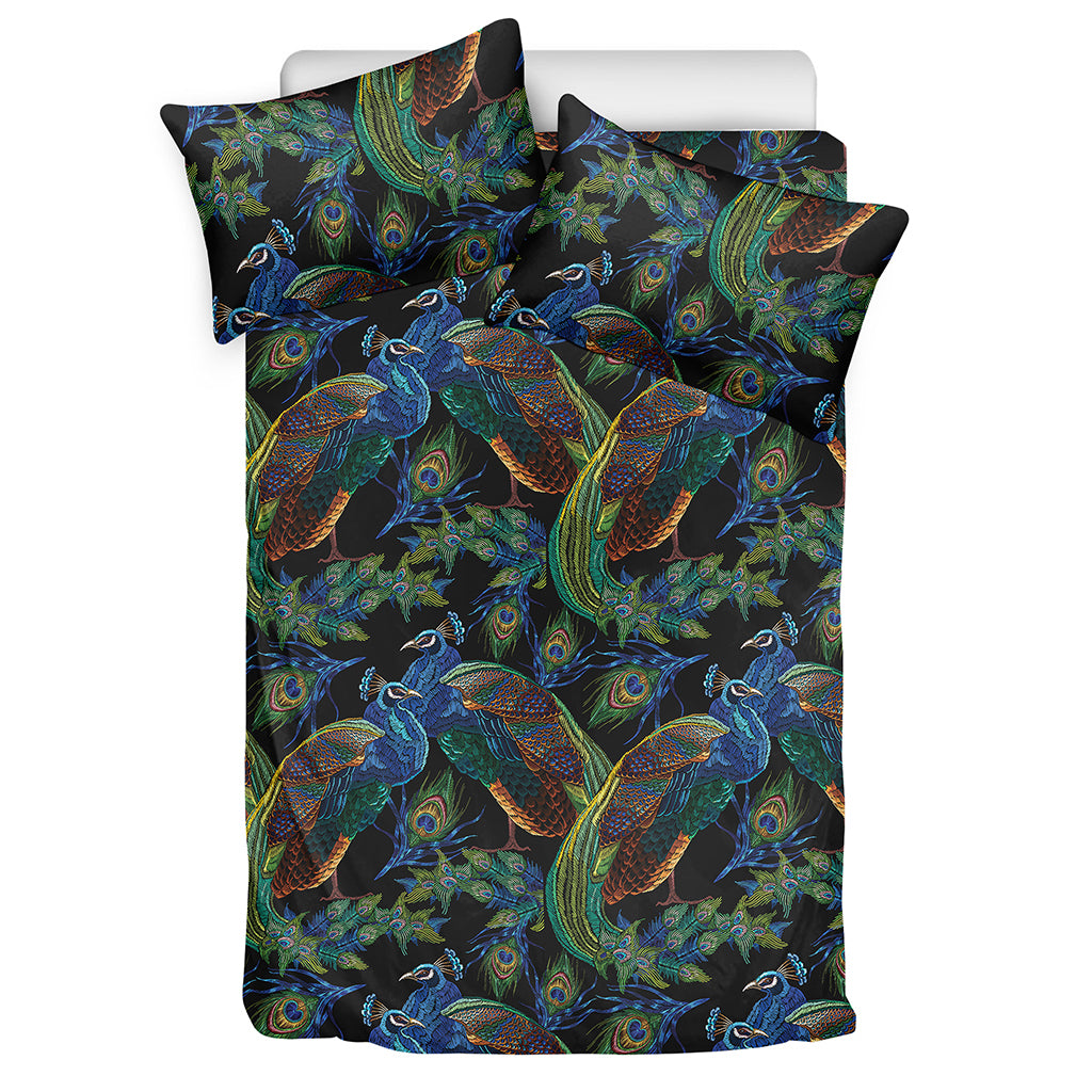 Embroidery Peacock Pattern Print Duvet Cover Bedding Set