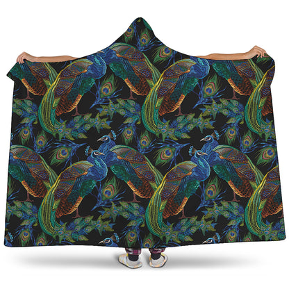 Embroidery Peacock Pattern Print Hooded Blanket