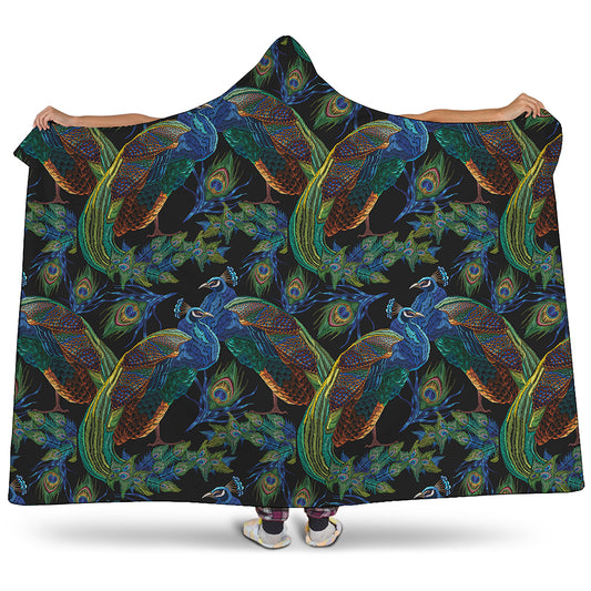 Embroidery Peacock Pattern Print Hooded Blanket