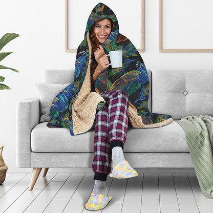 Embroidery Peacock Pattern Print Hooded Blanket