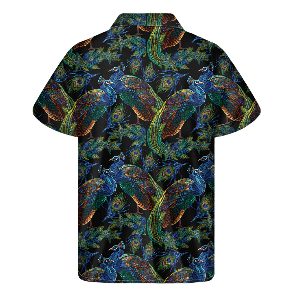 Embroidery Peacock Pattern Print Men's Short Sleeve Shirt