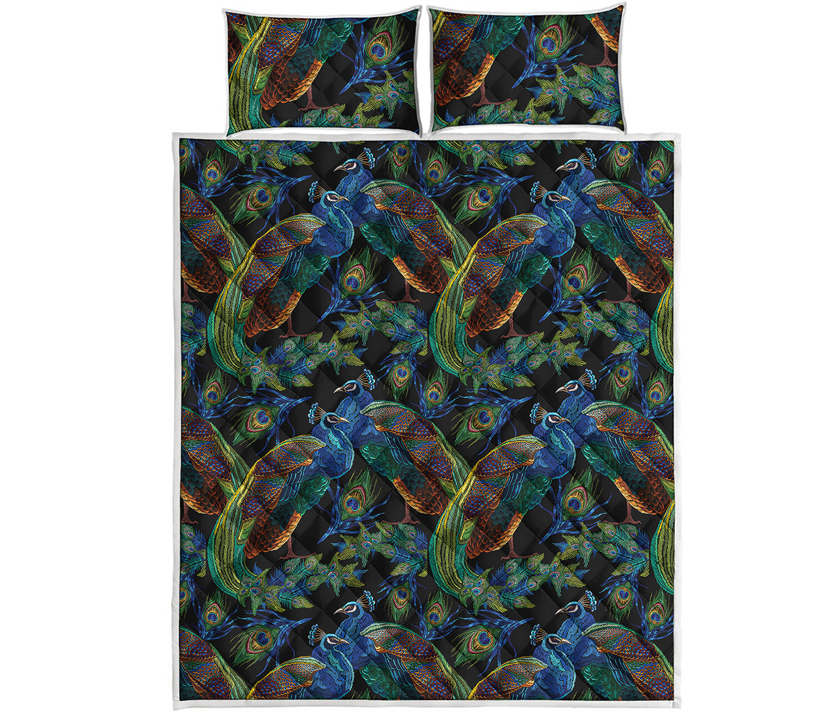 Embroidery Peacock Pattern Print Quilt Bed Set