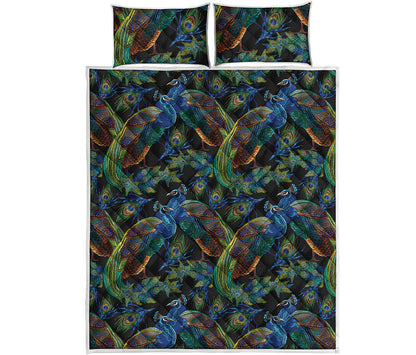 Embroidery Peacock Pattern Print Quilt Bed Set