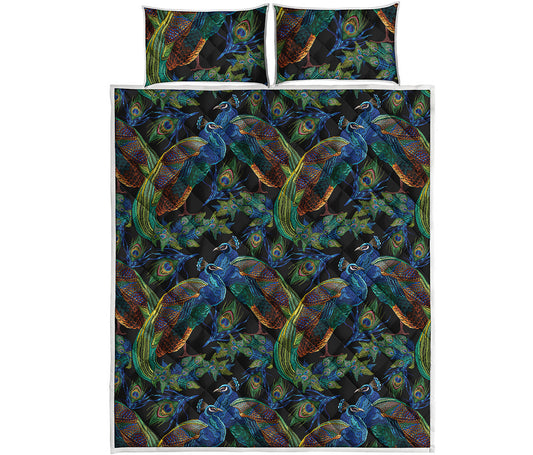 Embroidery Peacock Pattern Print Quilt Bed Set