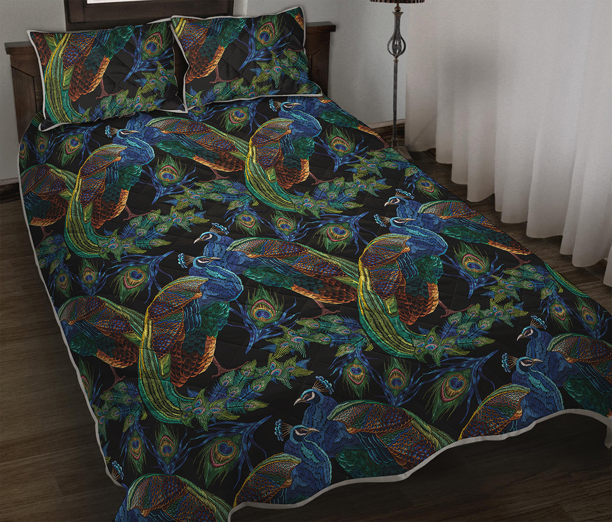Embroidery Peacock Pattern Print Quilt Bed Set