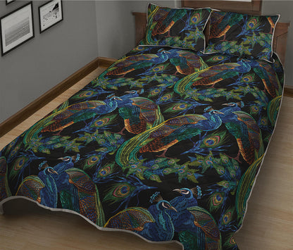 Embroidery Peacock Pattern Print Quilt Bed Set