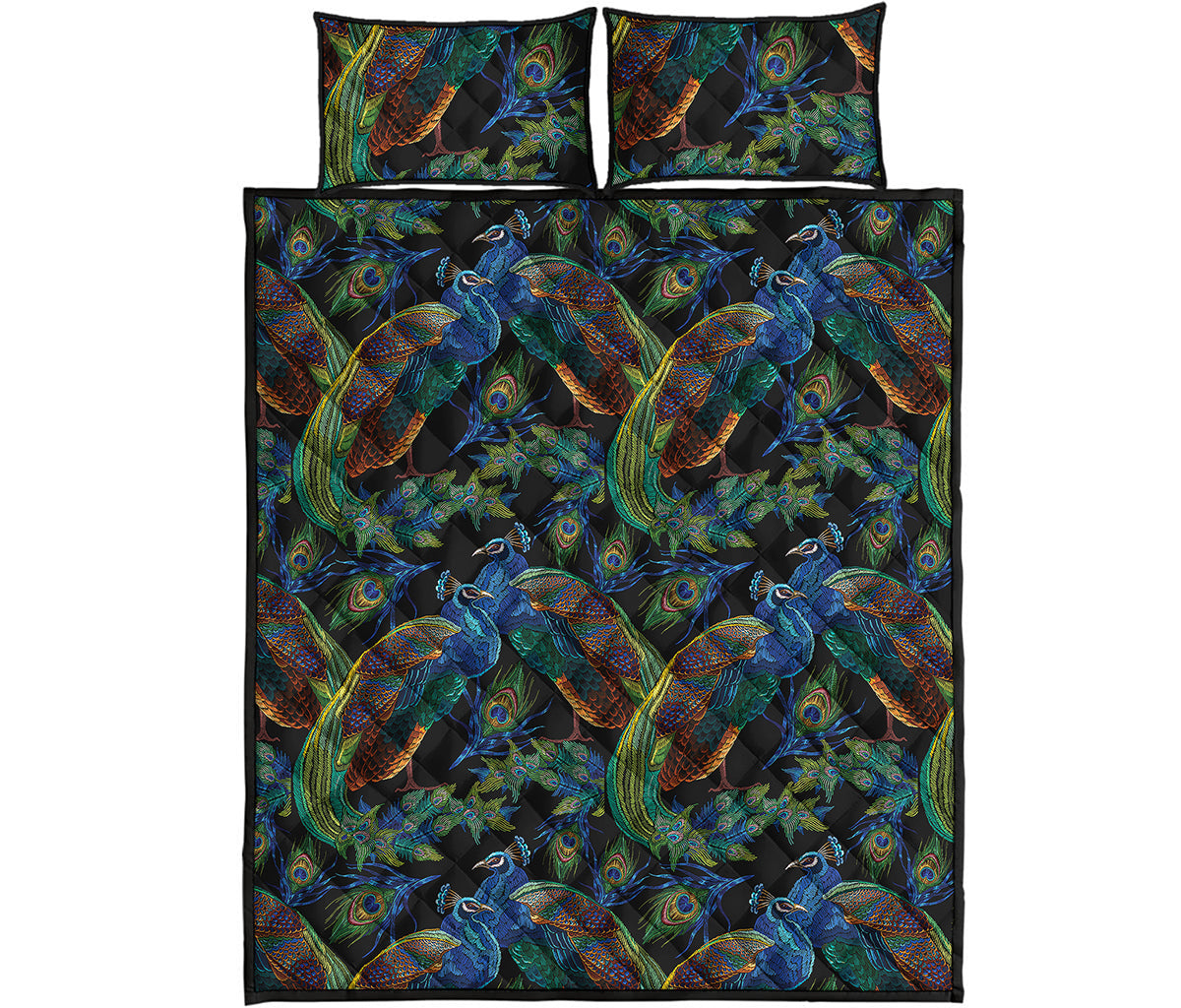 Embroidery Peacock Pattern Print Quilt Bed Set