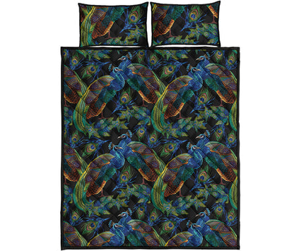 Embroidery Peacock Pattern Print Quilt Bed Set