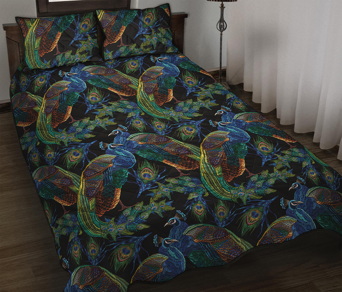Embroidery Peacock Pattern Print Quilt Bed Set