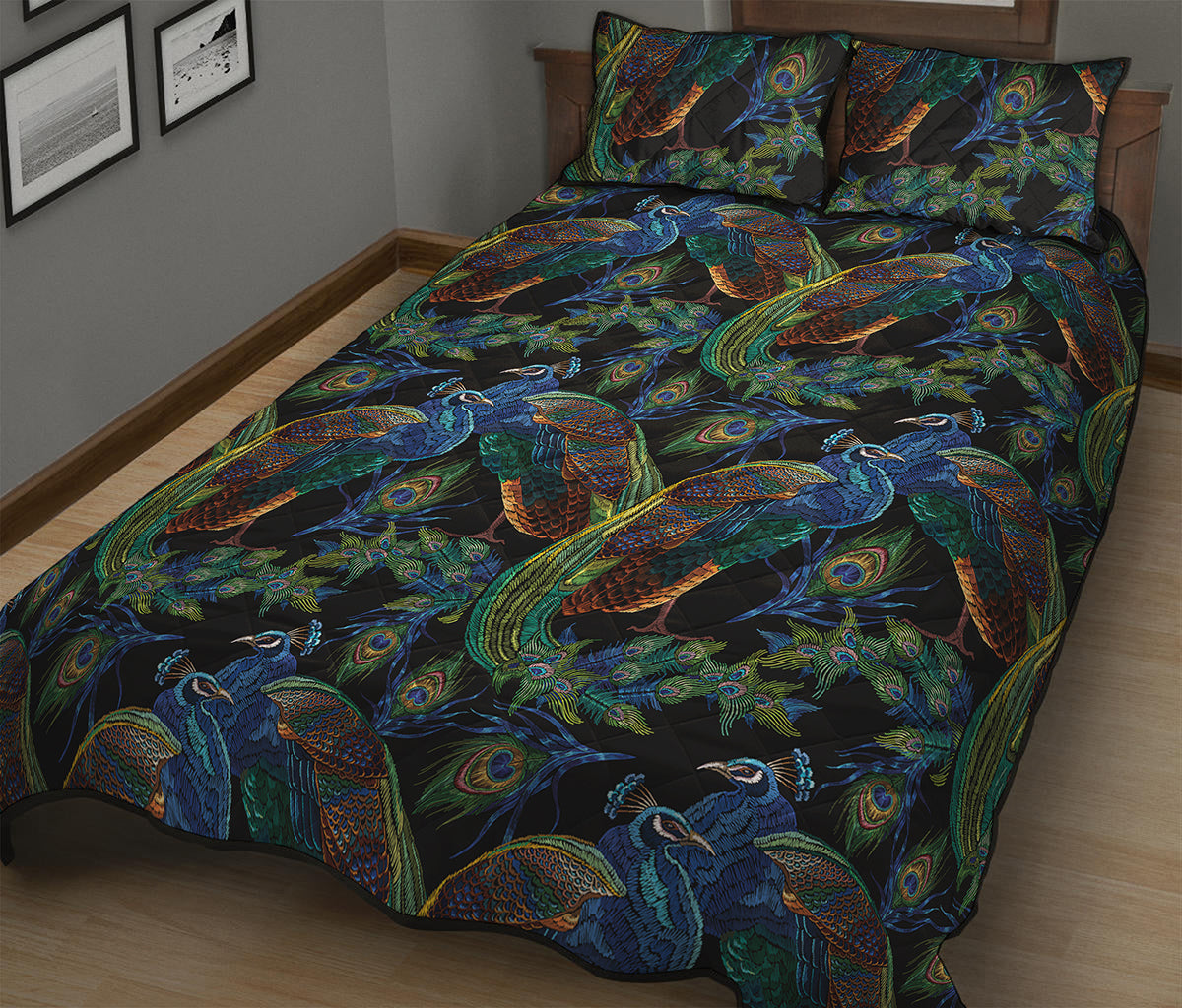 Embroidery Peacock Pattern Print Quilt Bed Set